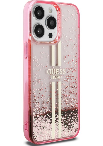 Apple iPhone 14 Pro Max Kılıf Guess Lisanslı Transparan Sıvılı Simli Altın Çizgili Kapak Pembe modelleri