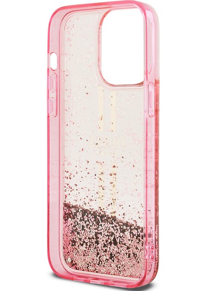 Apple iPhone 14 Pro Max Kılıf Guess Lisanslı Transparan Sıvılı Simli Altın Çizgili Kapak Pembe indirimleri