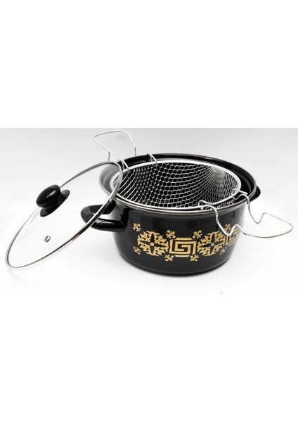 Emaye Kızartma Tenceresi Siyah Çiçekli 22 cm -69116