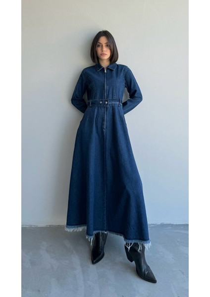 8938 - Yarım Fermuarlı Uzun Rahat-Şık Kadın Elbisesi