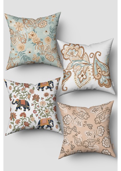 Krem Beyaz Etnik Desenli 4'lü Kırlent Kılıfı Seti