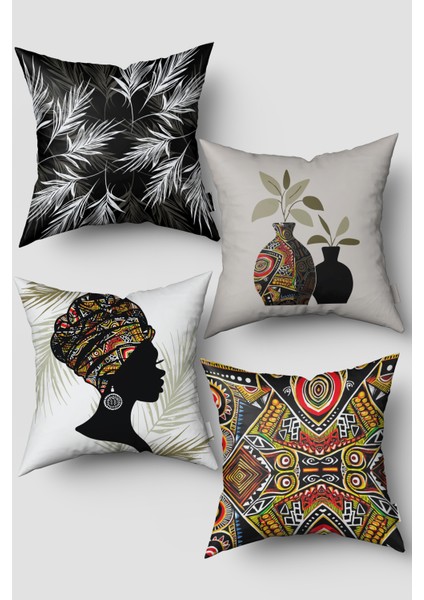 Beyaz Siyah Etnik Afrika Figürlü 4'lü Kırlent Kılıfı Seti