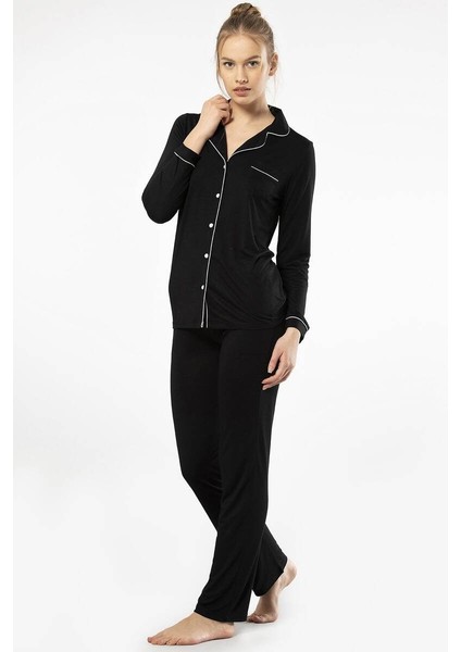 Düz Uzun Kollu Gömlek Yaka Pijama Takım