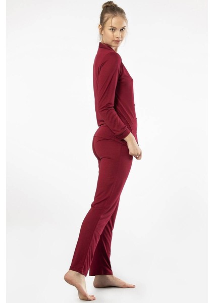 Düz Uzun Kollu Gömlek Yaka Pijama Takım