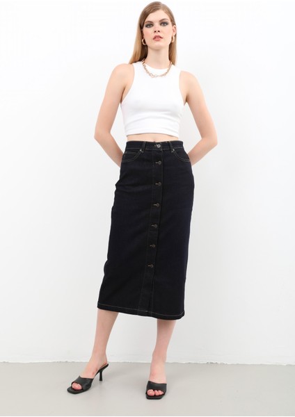 Kadın Önden Düğmeli Yüksek Bel Uzun Denim Etek modelleri