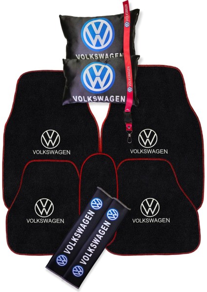 Volkswagen Nakışlı Oto Halı Paspas | Volkswagen Dijital Baskılı Siyah Yastık & Emniyet Kemer Pedi