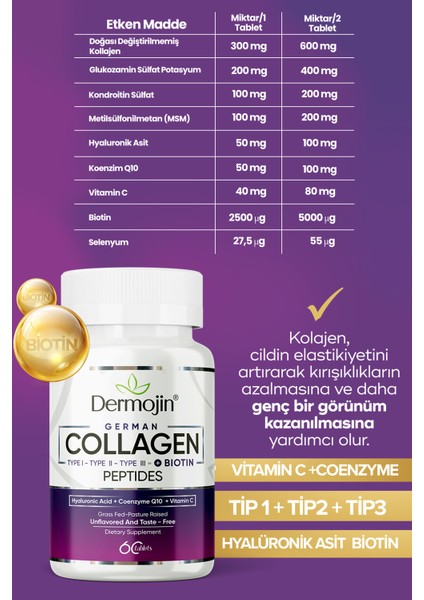 30 Günlük Biotin, Coenzyme Q10, Hyaluronic Acid, C Vitamini Içeren %100 Saf Tablet Alman Kolajeni
