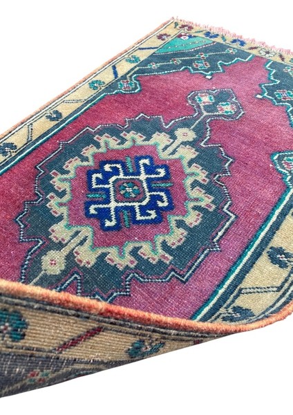 El Dokuma Taşpınar Halısı Yastık 51X84 Mor Yeşil Vintage Halı