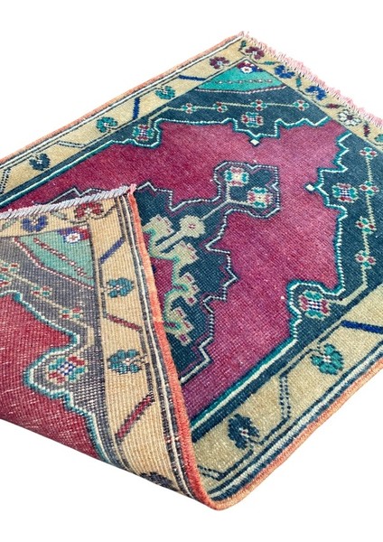 El Dokuma Taşpınar Halısı Yastık 51X84 Mor Yeşil Vintage Halı