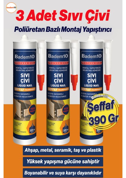 Sıvı Çivi 3 Adet 390 gr Montaj Yapıştırıcısı Su Geçirmez Mutfak Banyo Ahşap Dolap Fayans Mermer