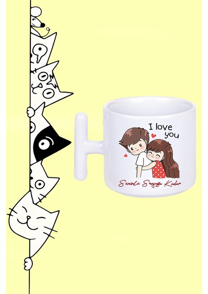 Aşık Çift Hug Me Sarıl Bana Seni Senivyorum Tasarım Baskılı Beyaz T Sap Kupa Bardak