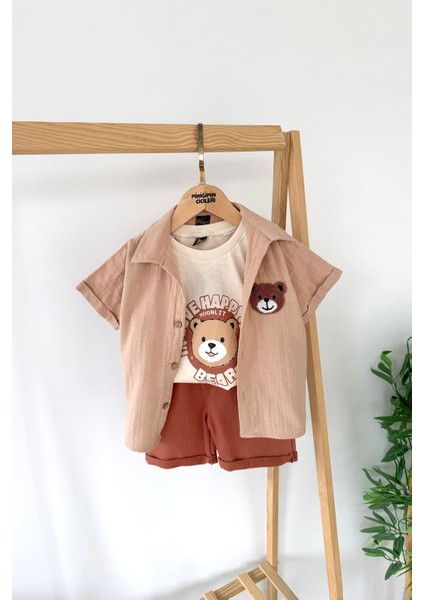 Bear Panç Işleme Detaylı Müslin Erkek 3 lü takım - Kahve