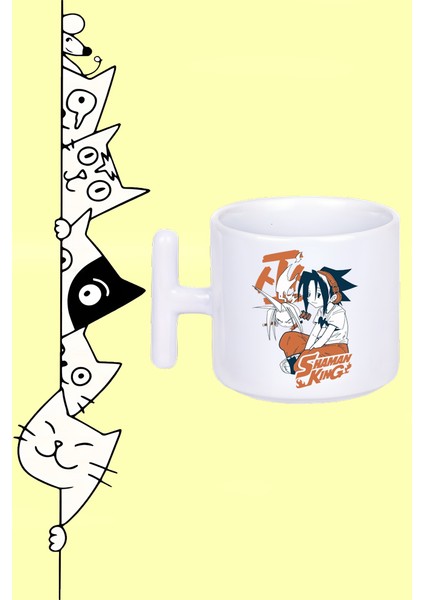 anime Shaman King Karakter Yoh Asakura Tasarım Baskılı Beyaz T Sap Kupa Bardak