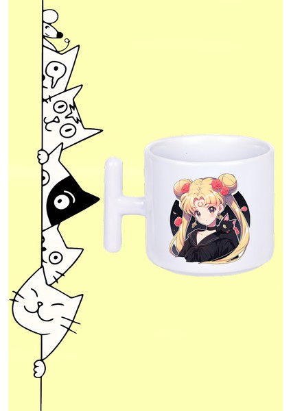Ay Savaşçısı Karakter Anime Sailor Moon Tasarım Baskılı Beyaz T Sap Kupa Bardak