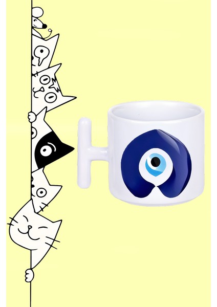 A Harf Nazar Boncuğu Tasarım Baskılı Beyaz T Sap Kupa Bardak