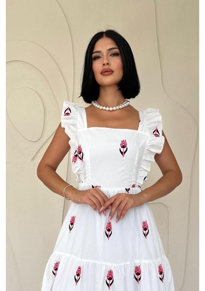 Fuşya Sıfır Kol Fırfırlı Elbise