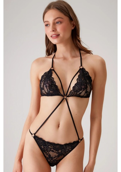 Şerit Detaylı Kapsız Dantelli Bodysuit Siyah