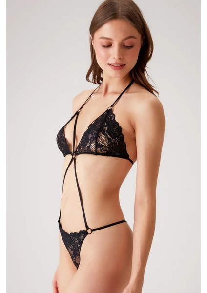 Şerit Detaylı Kapsız Dantelli Bodysuit Siyah fiyatları