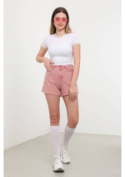 Kadın Yüksek Bel Paçası Kesik Jean Şort Gül Kurusu modelleri