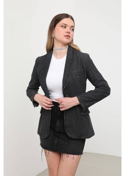 Kadın Uzun Kollu Tek Düğmeli Jean Ceket Antrasit