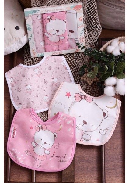 Pembe Bear Desenli Sıvı Geçirmez 3'lü Mama ve Salya Önlüğü 0-18 Ay