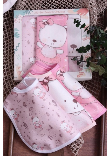 Pembe Bear Desenli Sıvı Geçirmez 3'lü Mama ve Salya Önlüğü 0-18 Ay