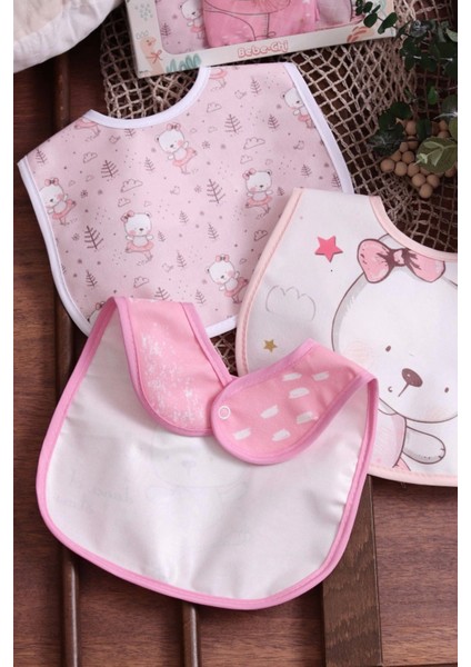 Pembe Bear Desenli Sıvı Geçirmez 3'lü Mama ve Salya Önlüğü 0-18 Ay