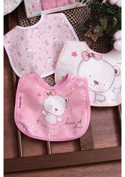 Pembe Bear Desenli Sıvı Geçirmez 3'lü Mama ve Salya Önlüğü 0-18 Ay