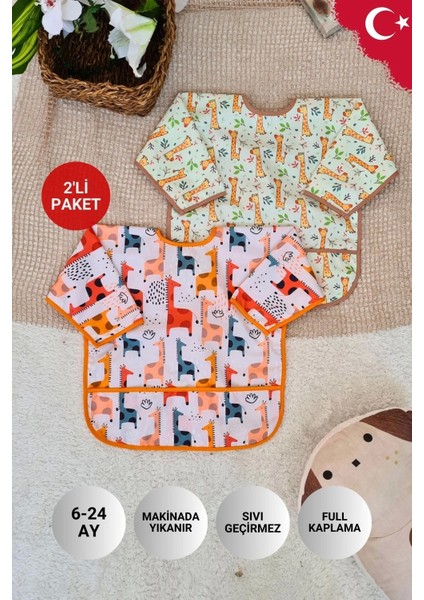Graffe ve Forest Desenli 2'li Paket Sıvı Geçirmez Unisex Aktivite ve Mama Önlüğü 6-24 Ay