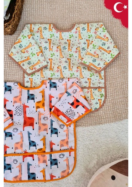 Graffe ve Forest Desenli 2'li Paket Sıvı Geçirmez Unisex Aktivite ve Mama Önlüğü 6-24 Ay fiyatları