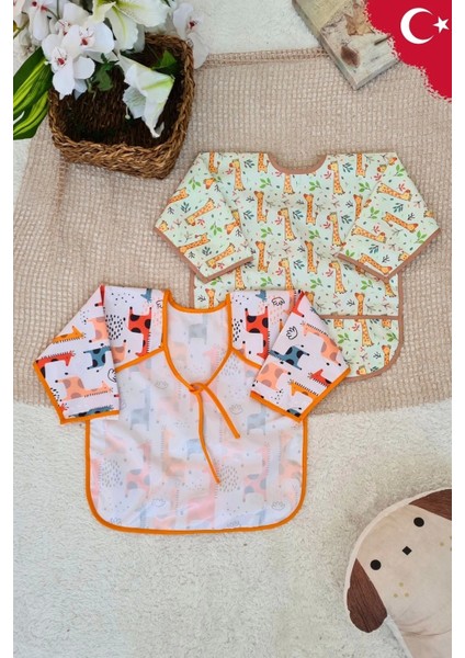 Graffe ve Forest Desenli 2'li Paket Sıvı Geçirmez Unisex Aktivite ve Mama Önlüğü 6-24 Ay modelleri