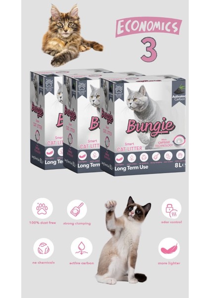 Akıllı Kedi Kumu Aktif Karbonlu Hızlı Topaklanan Tozsuz Ultra Hafif 8 Lt x 3 Adet