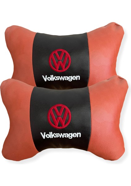 Volkswagen Nakışlı Ortopedik Lüks Araç Seyahat Deri Oto Boyun Yastığı | Ikili Kahverengi Oto Yastık