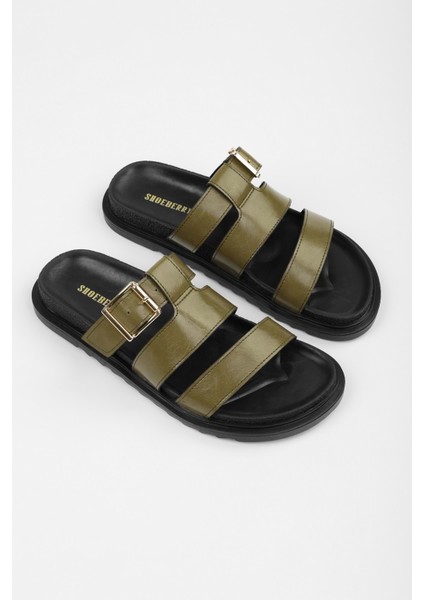 Kadın Loine Yağ Yeşili Cilt Kalın Kemerli Terlik