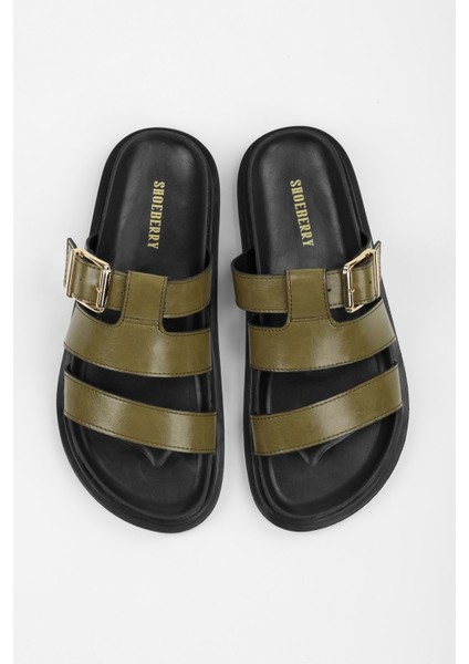 Kadın Loine Yağ Yeşili Cilt Kalın Kemerli Terlik fiyatları