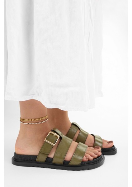 Kadın Loine Yağ Yeşili Cilt Kalın Kemerli Terlik fırsatları