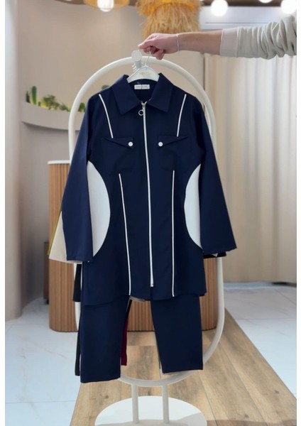 Merve Kadın Lacivert Trend Ortadan Fermuarlı Gömlek Pantolon Takım MERVE-6547