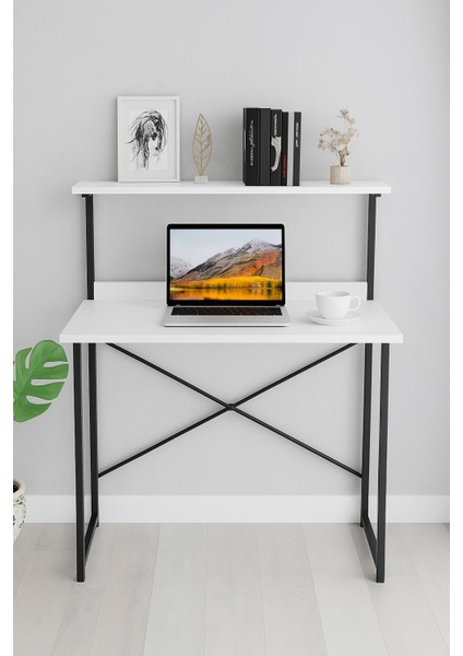 Çalışma Masası Kitaplıklı Laptop Bilgisayar Masası Raflı Ofis Masası Modern Metal Ayaklı Kompakt Masa Öğrenci Masaüstü Çalışma Alanı