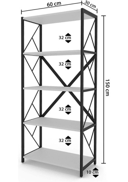 Çok Amaçlı Dolap | Kitaplık | 5 Katlı Metal Gövdeli Raflı Düzenleyici (60X30X150 Cm) fırsatları