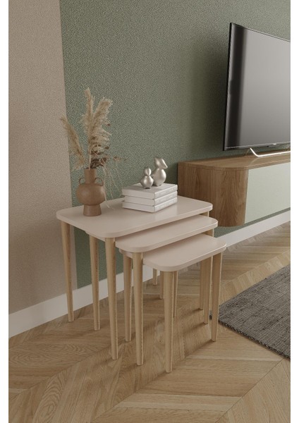 Dikdörtgen Zigon Sehpa 3'lü Set – Ahşap Ayaklı Modern Tasarım - Yan Sehpa - Kahve Masası
