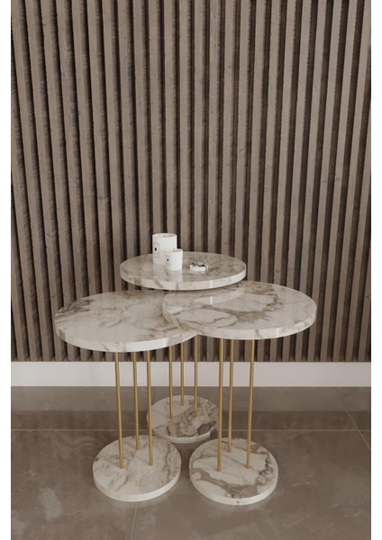 Modern Zigon Sehpa Seti 3'lü | Yuvarlak Orta Sehpa | Yan Sehpa | Minimalist Şık Metal Ayaklı Sehpa | 52-55-59 cm Yükseklik | 34 cm Çap