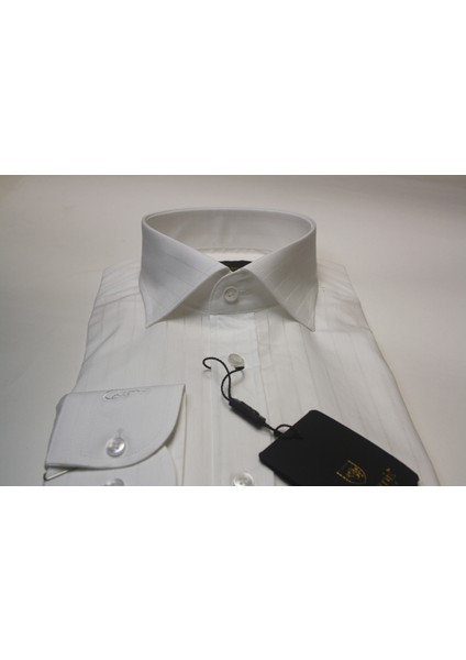 Tessitura Monti Slimfit Beyaz Poplin Gömlek – Kendinden Çizgili, Modern Italyan Yaka modelleri