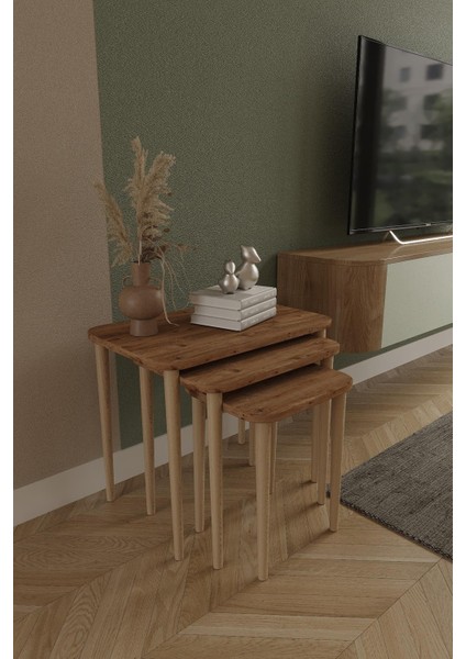 Dikdörtgen Zigon Sehpa 3'lü Set – Ahşap Ayaklı Modern Tasarım - Yan Sehpa - Kahve Masası fırsatları