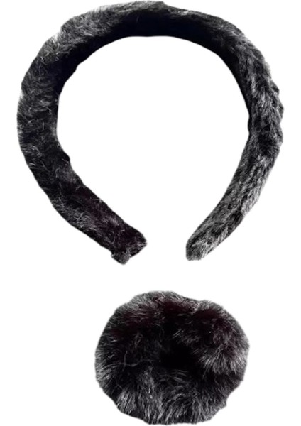 Siyah Renk Peluş Taç ve Simit Toka Set