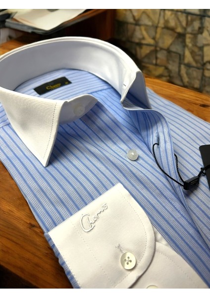 Tessitura Monti Italyan Mavi Çizgili Gömlek– Slimfit Kontrast Beyaz Yaka& Manşet