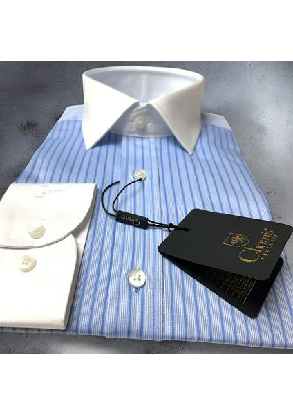 Tessitura Monti Italyan Mavi Çizgili Gömlek– Slimfit Kontrast Beyaz Yaka& Manşet fiyatları