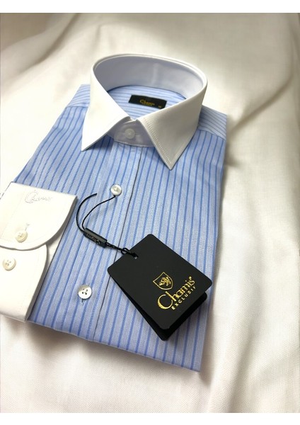 Tessitura Monti Italyan Mavi Çizgili Gömlek– Slimfit Kontrast Beyaz Yaka& Manşet modelleri