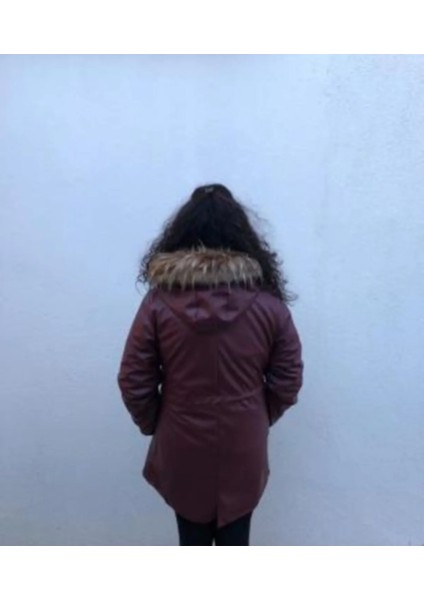 Kadın Kapişonlu , Içi Kürklü Suni Deri Trençkot 22057 Bordo fiyatları