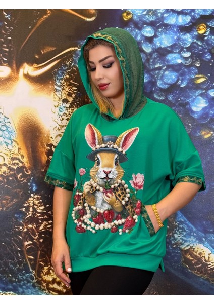 Sweatshirt,leopar Detayları,el Işi,yüksek Kalite,3iplik,pamuklu,yeşil,cepli,şapkalı,taşli ve Inci