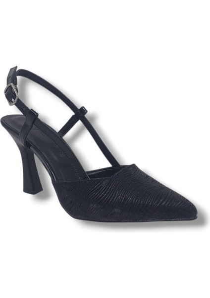 4001 Kadın Siyah Burnu Kapalı Arkası Açık Pırıltılı Stiletto Ayakkabı fiyatları